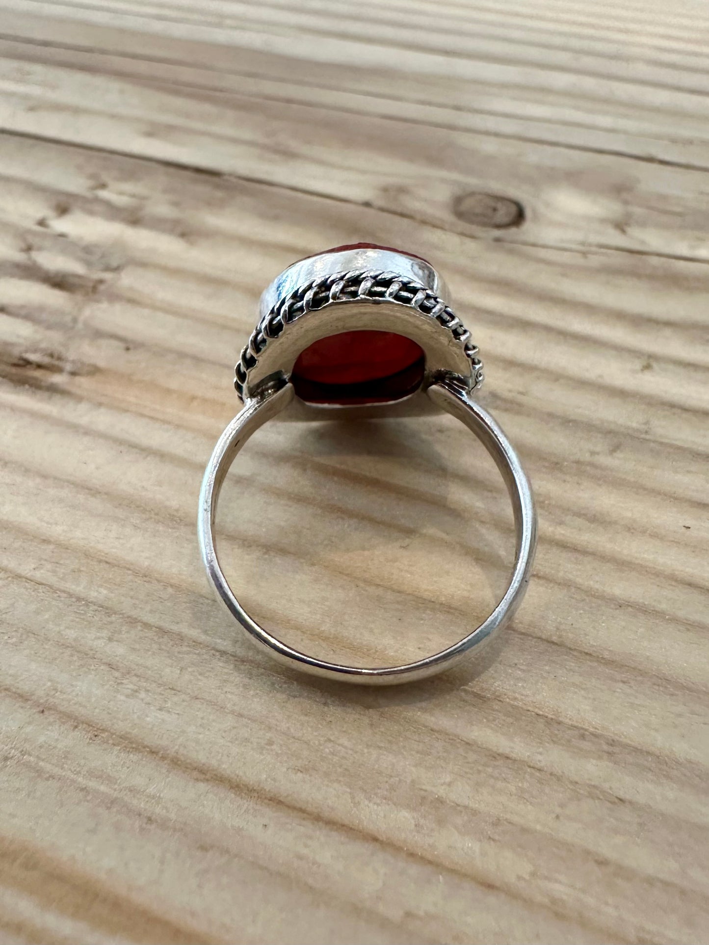 Vintage Red Faceted Tribal 925 Silver Size Q Ring