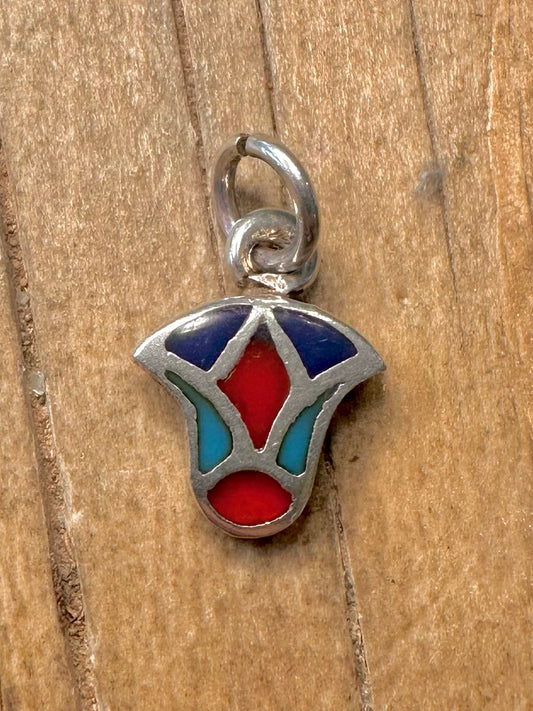 Vintage Egyptian Enamel Lotus Flower 925 Sterling Silver Pendant