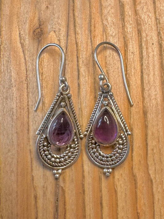 Vintage Amethyst Ornate 925 Sterling Silver Earrings