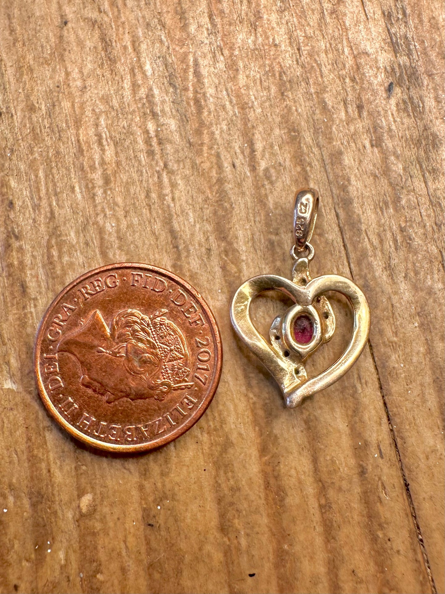 Heart Red Stone and CZ Gold on 925 Sterling Silver Pendant