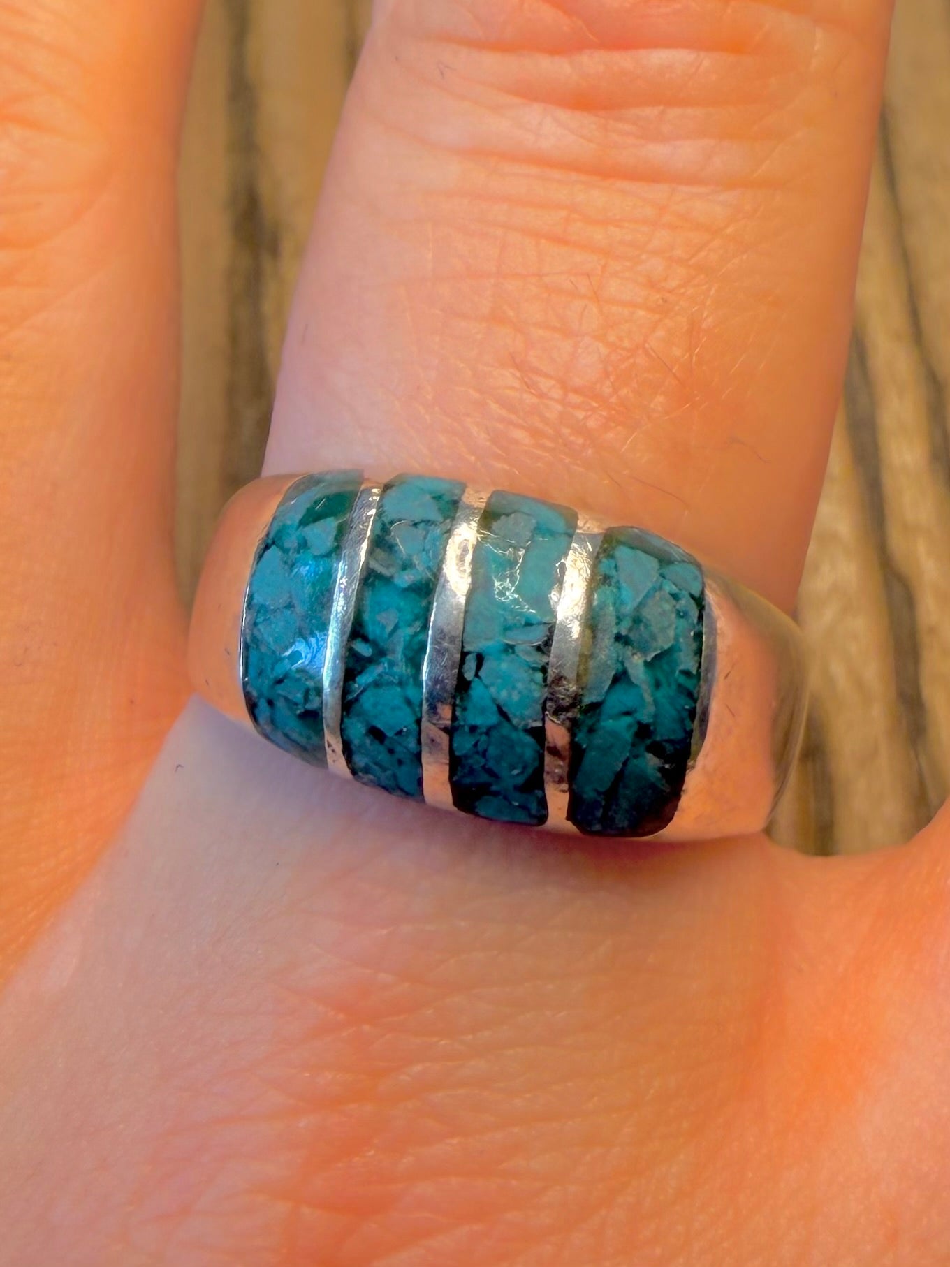 Chunky Turquoise Inlay Mexico 925 Sterling Silver Size W Ring