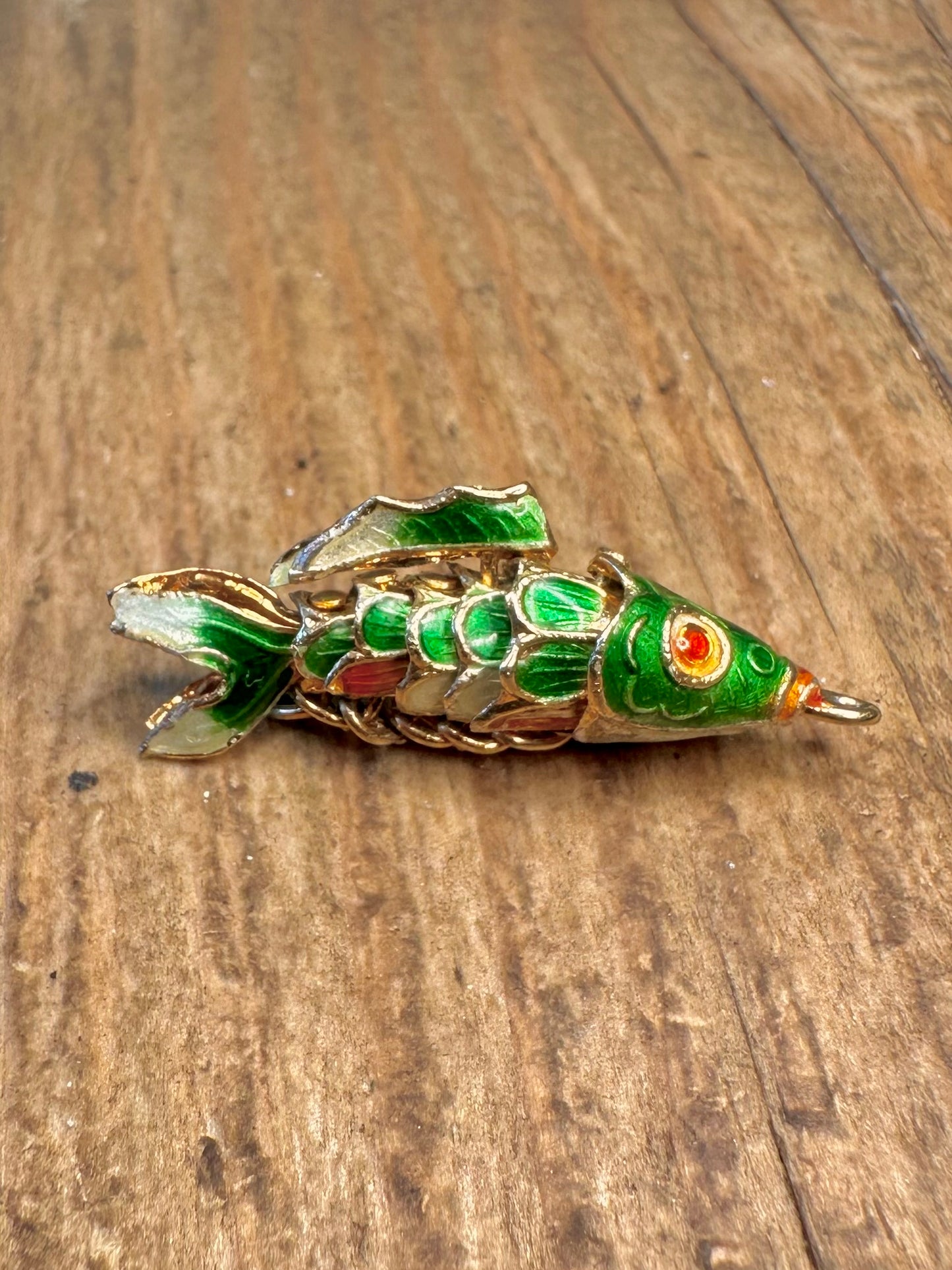 Green Enamel Articulated Moving Fish Gold Plated Metal Pendant