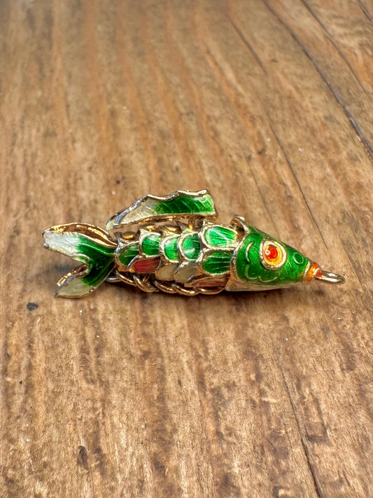 Green Enamel Articulated Moving Fish Gold Plated Metal Pendant