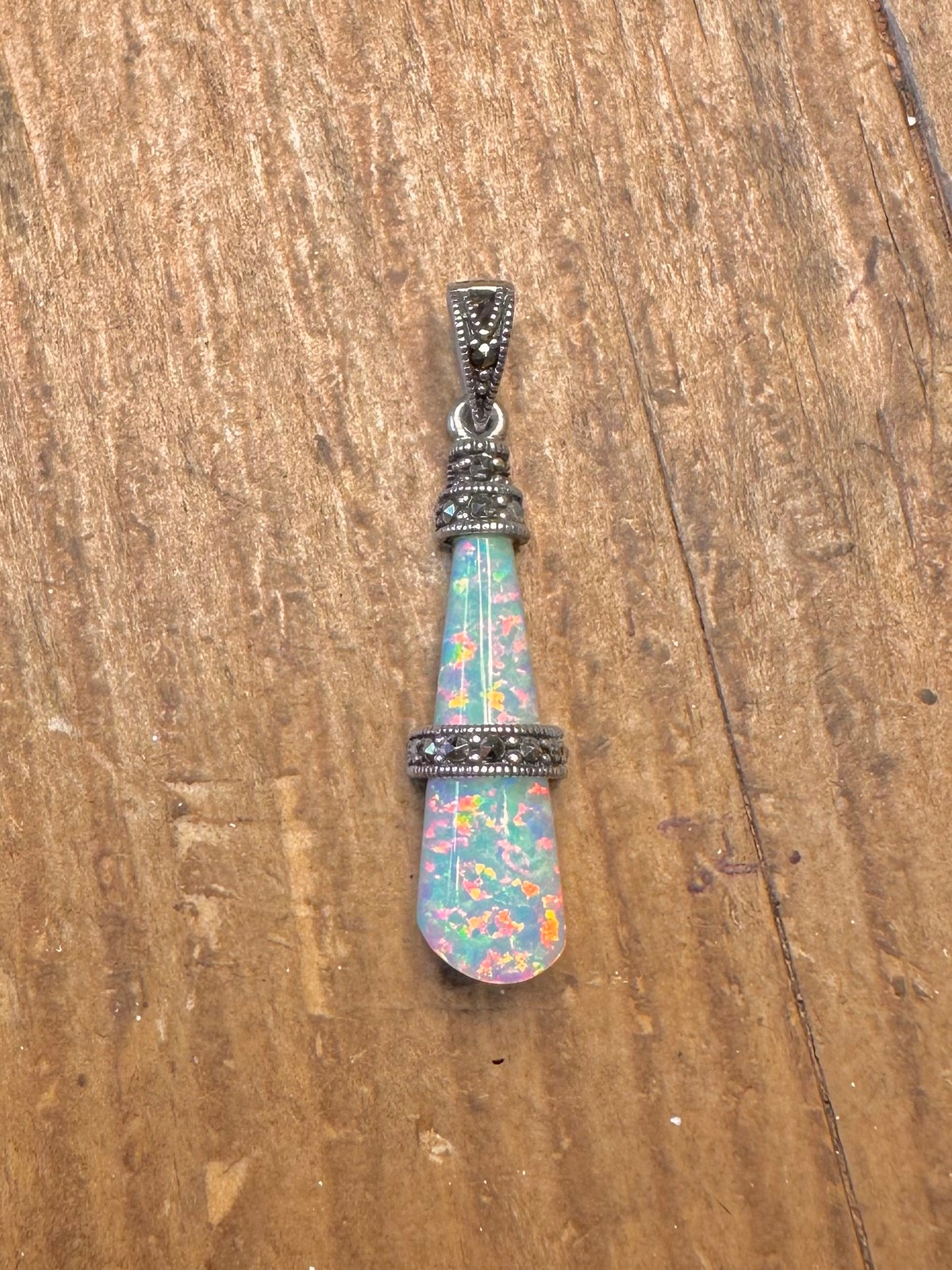 Opal and Marcasite Ornate 925 Sterling Silver Pendant