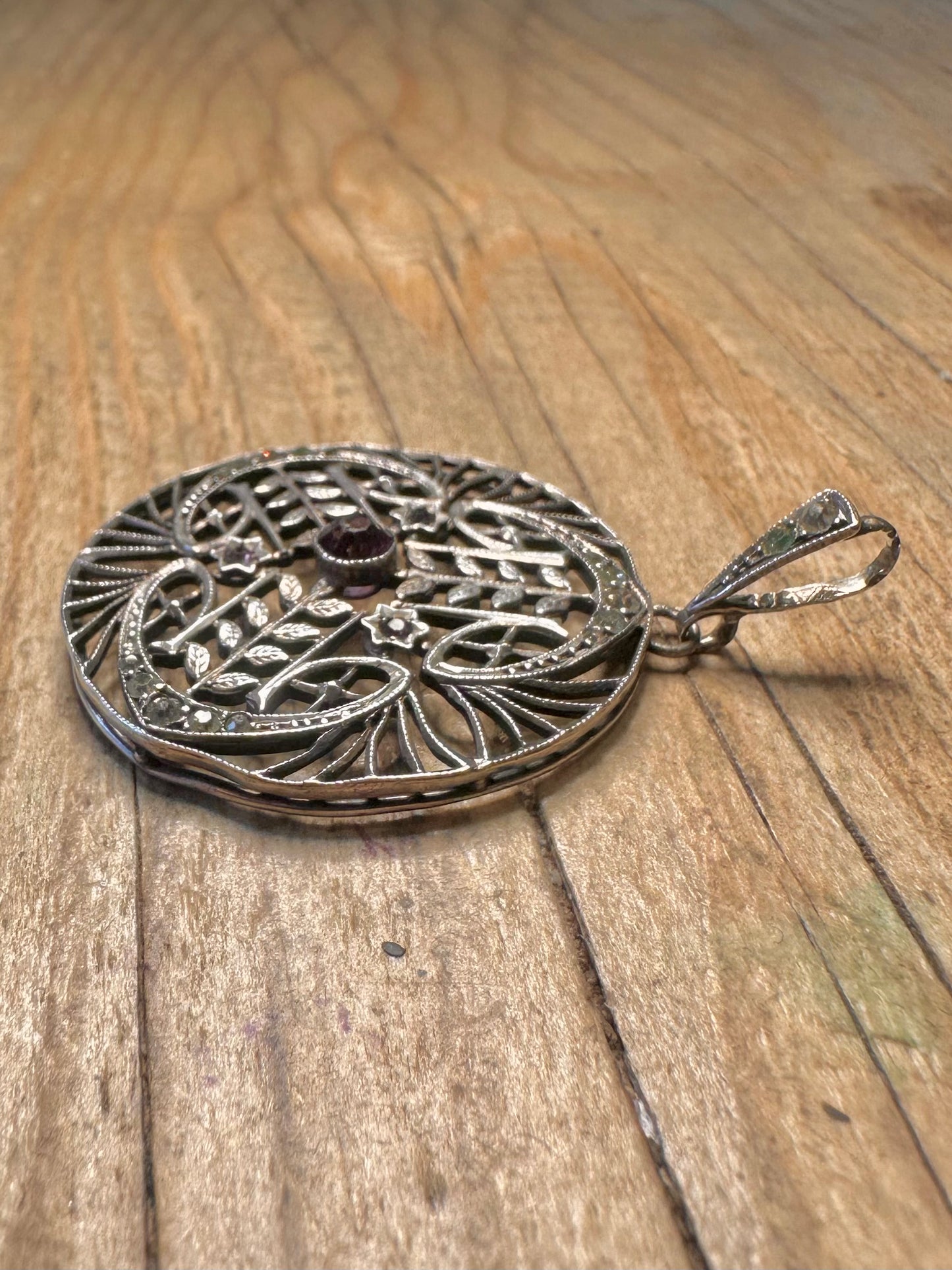Antique Edwardian Filigree Floral Motif Purple and White Stone 925 Sterling Silver Pendant