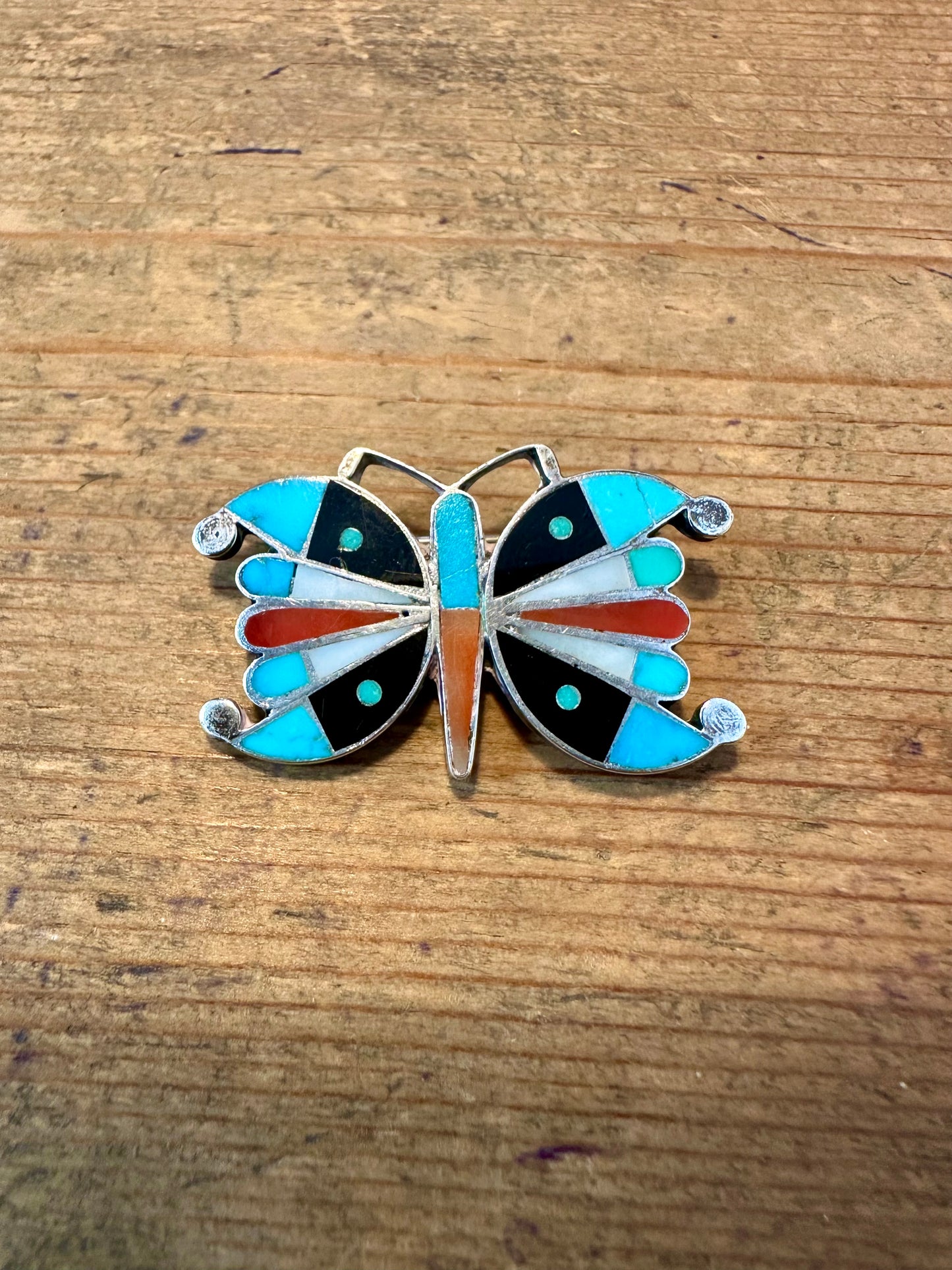 Native American Zuni Turquoise Onyx and Coral Mosaic Inlay Butterfly 925 Silver Brooch