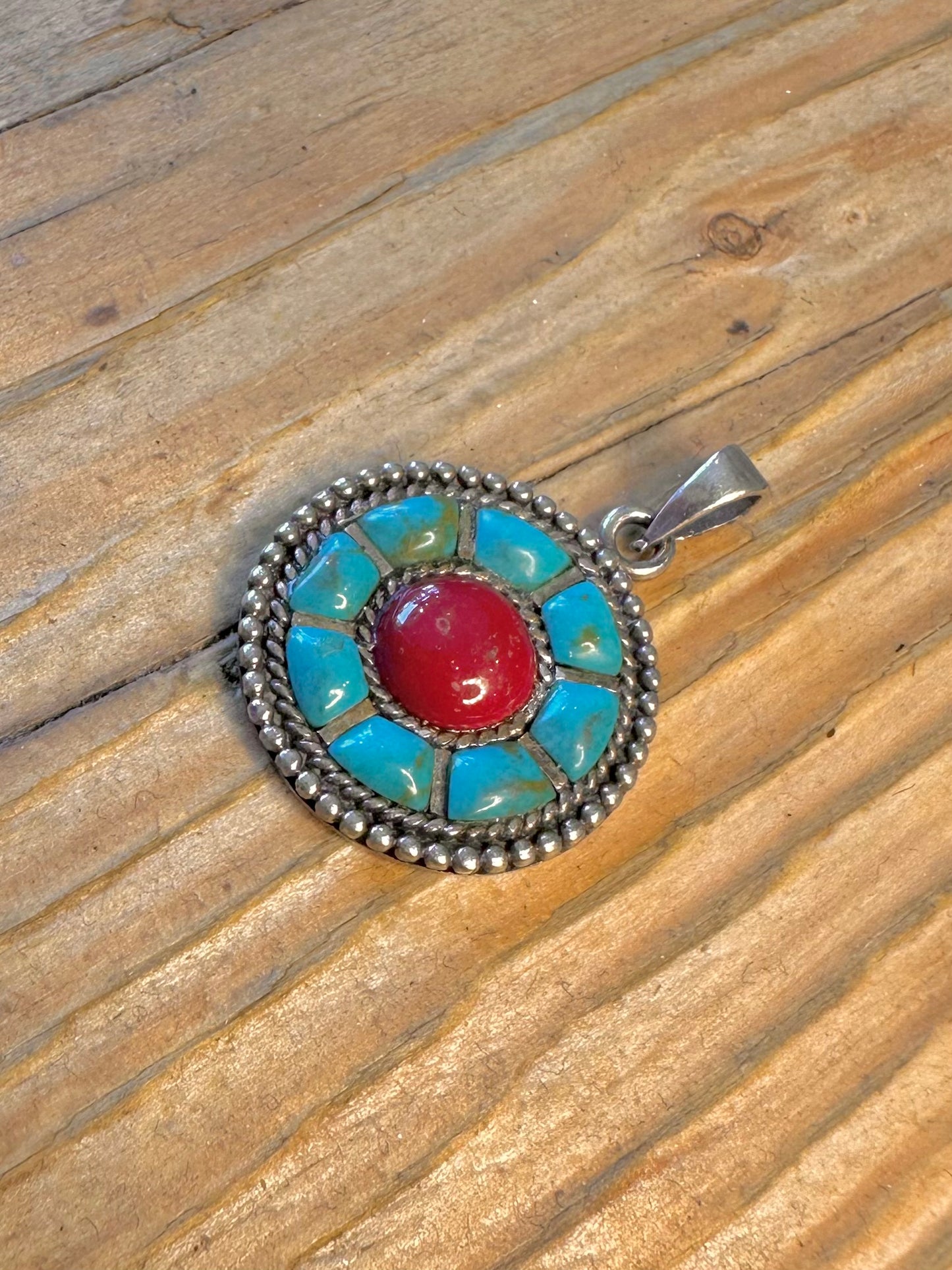 Turquoise and Coral Southwestern Style 925 Sterling Silver Pendant