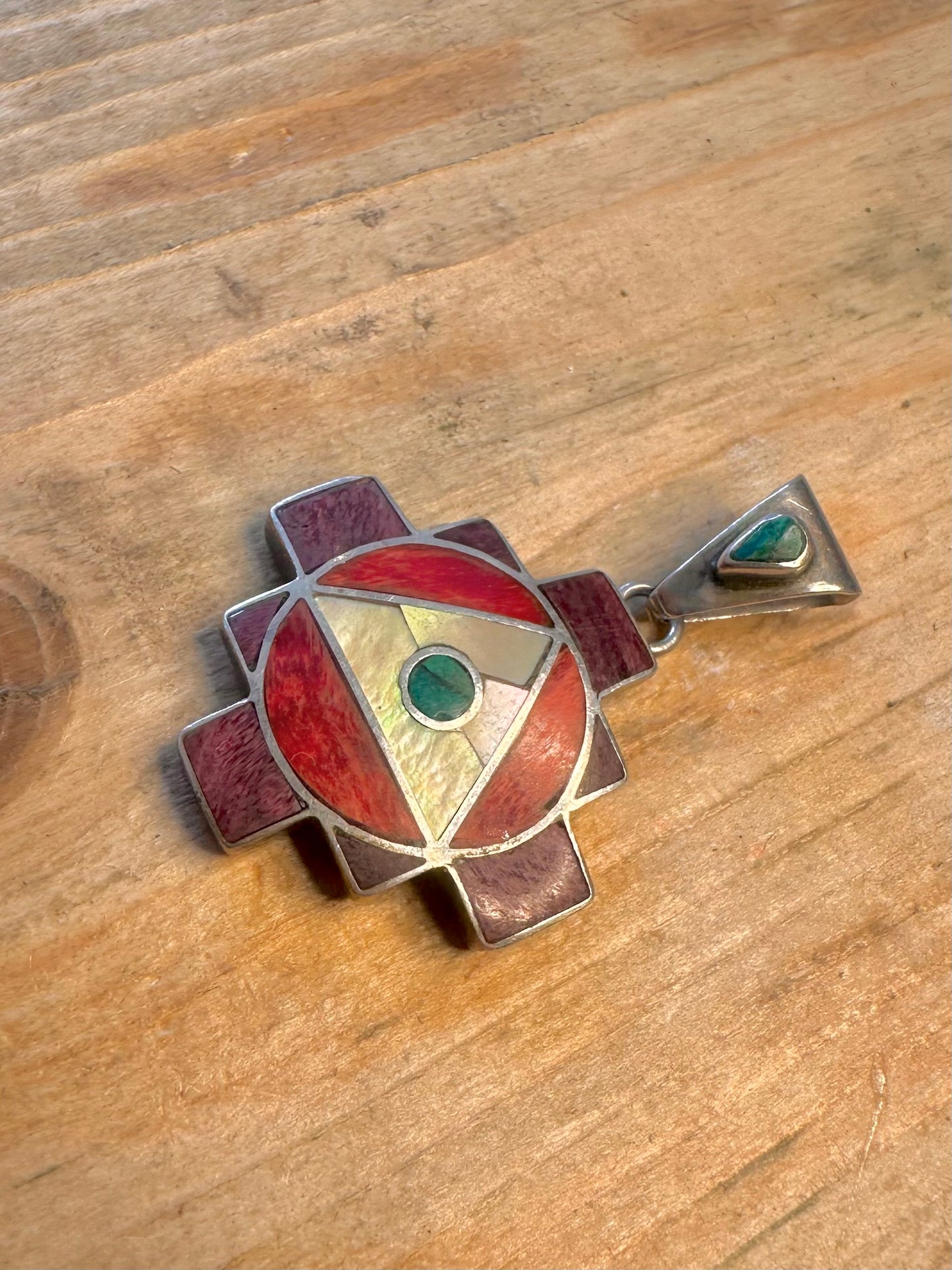 Peruvian Chakana Mother of Pearl Coral Turquoise 950 Silver Pendant