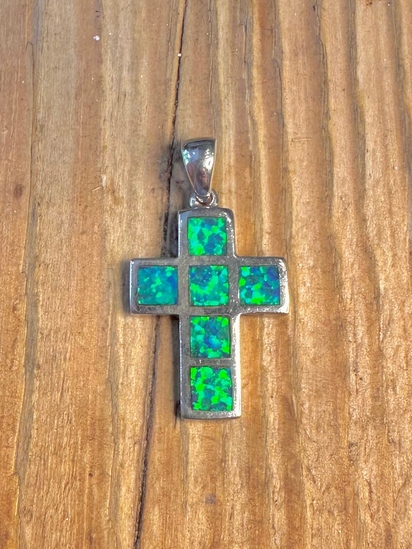 Simulated Blue Opal Cross 925 Sterling Silver Pendant
