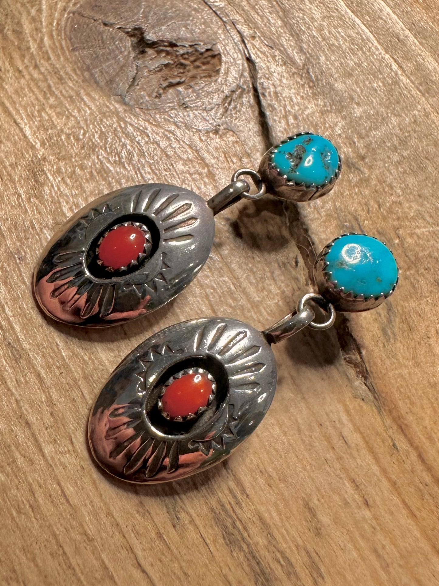 Vintage Native American Turquoise and Coral 925 Silver Earrings