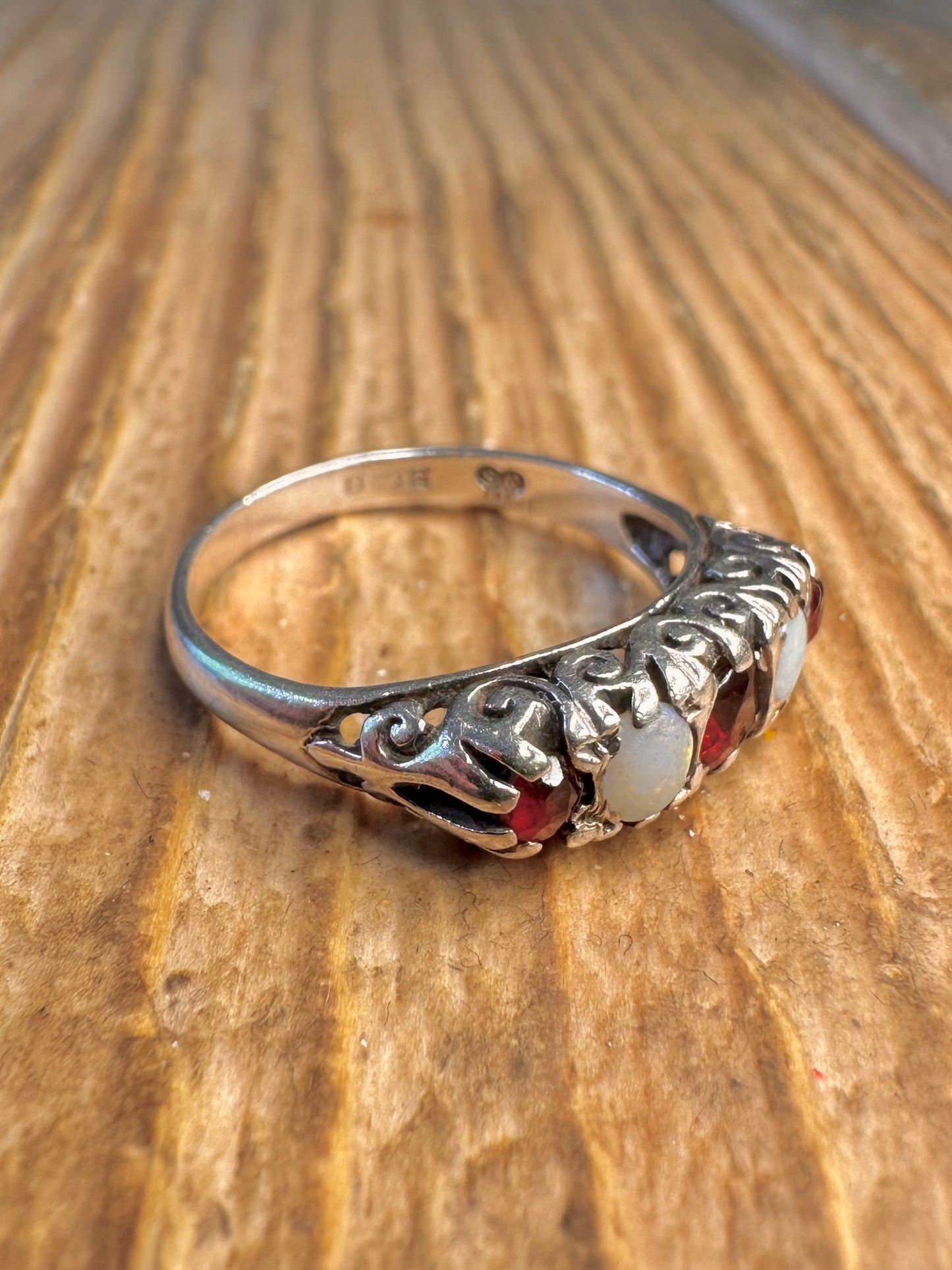 Victorian Style 1979 Opal and Garnet 925 Sterling Silver Size L Ring