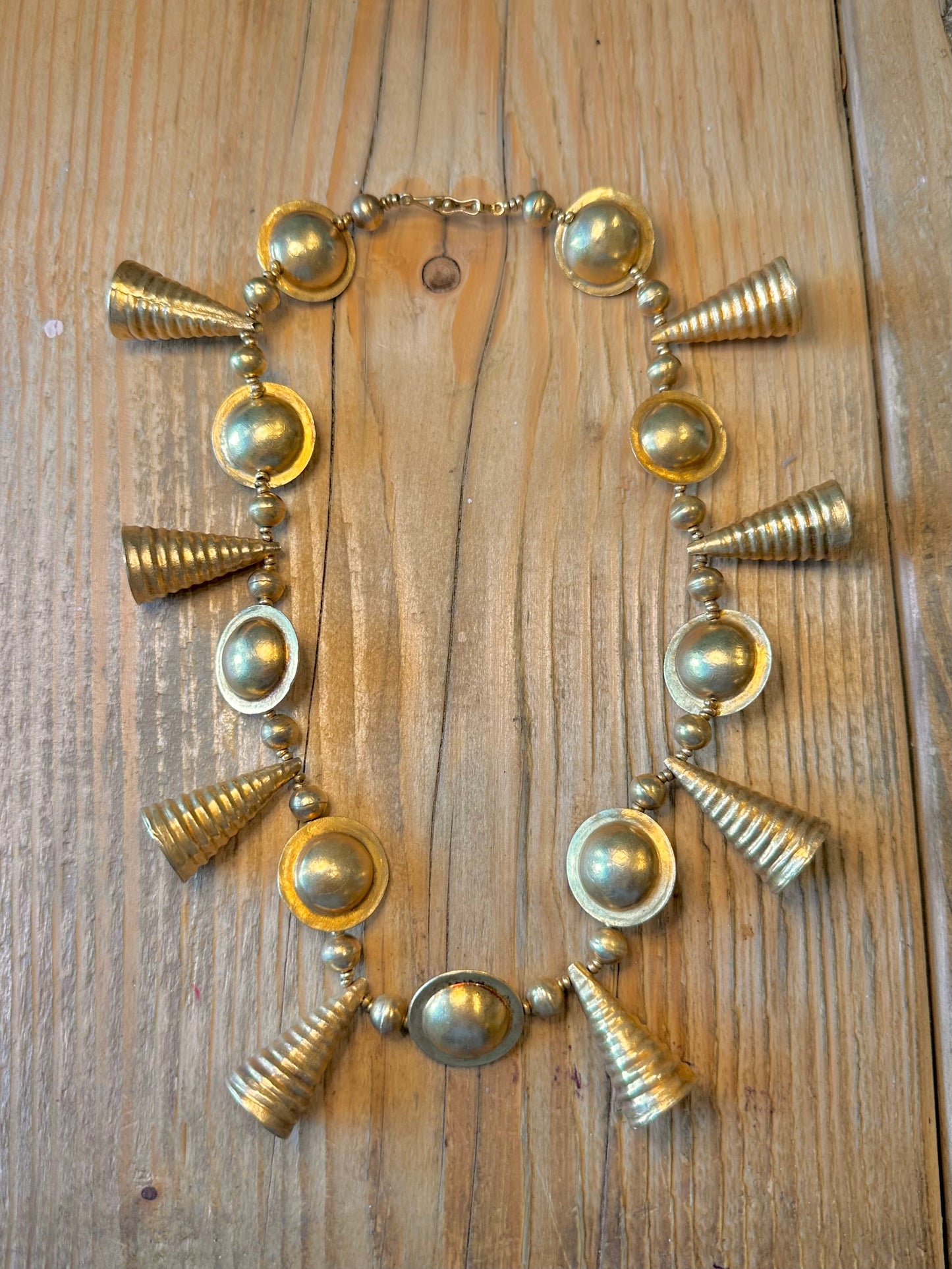 Etruscan Revival Disc and Textured Cone Arrow Gold on 925 Sterling Silver 18 inch Necklace