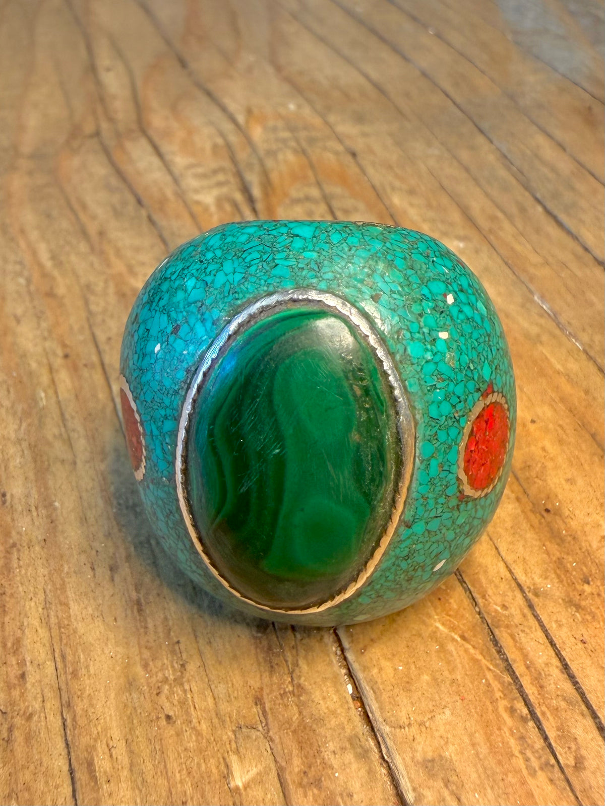 Chunky Turquoise Malachite and Coral Inlay 925 Sterling Silver Size P1/2 Ring