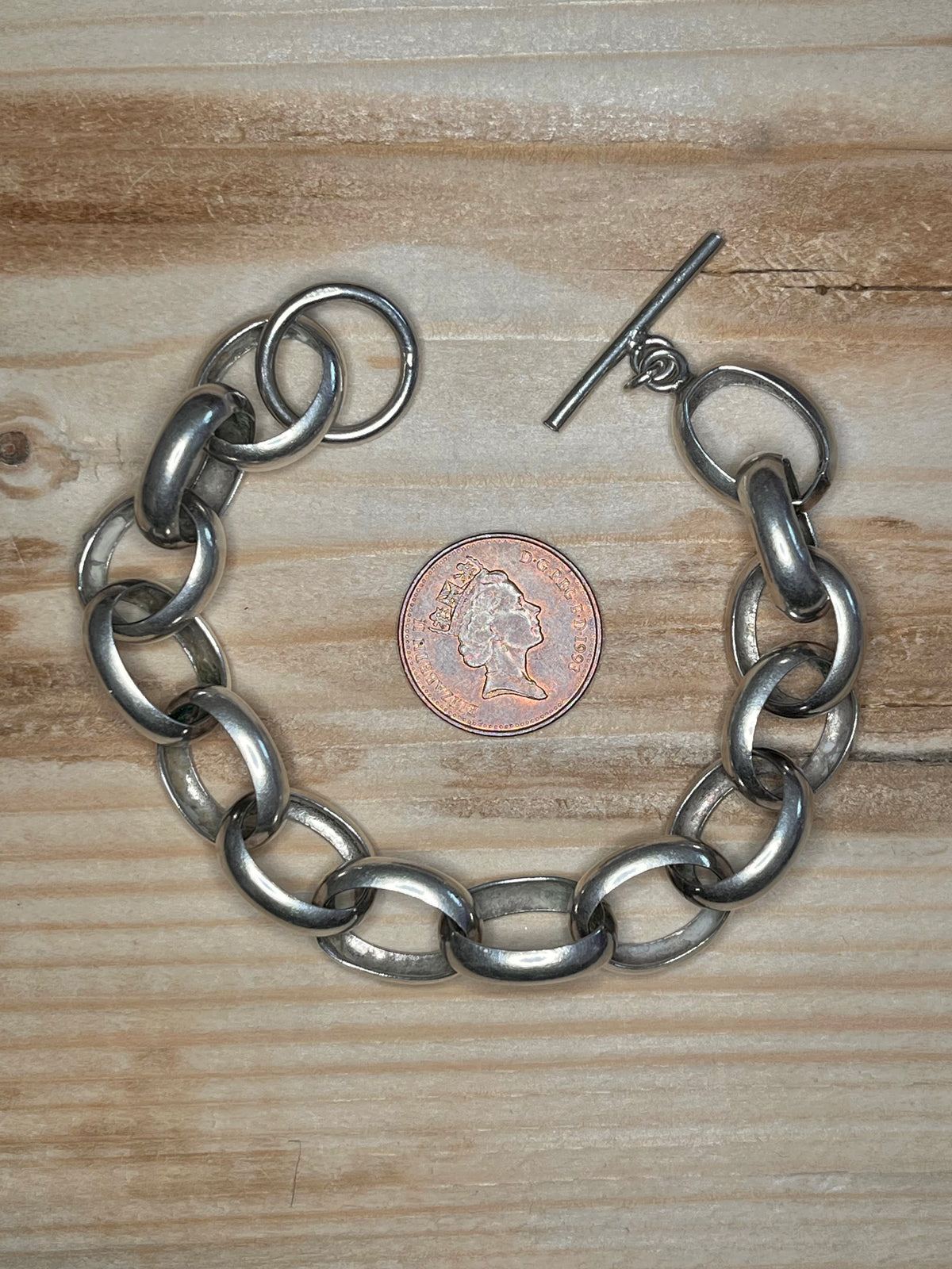 Chunky Round Link T-Bar Toggle 925 Sterling Silver 8.2 inch Bracelet