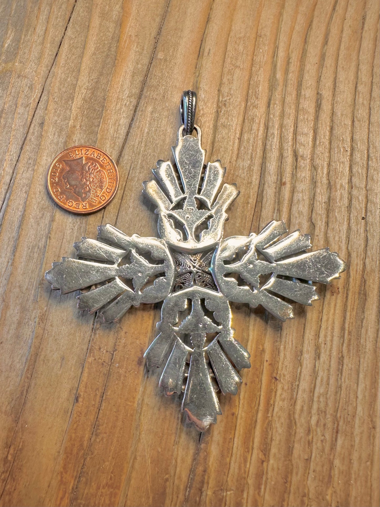 Large Decorative Floral Orange Filigree Cross 925 Sterling Silver Pendant