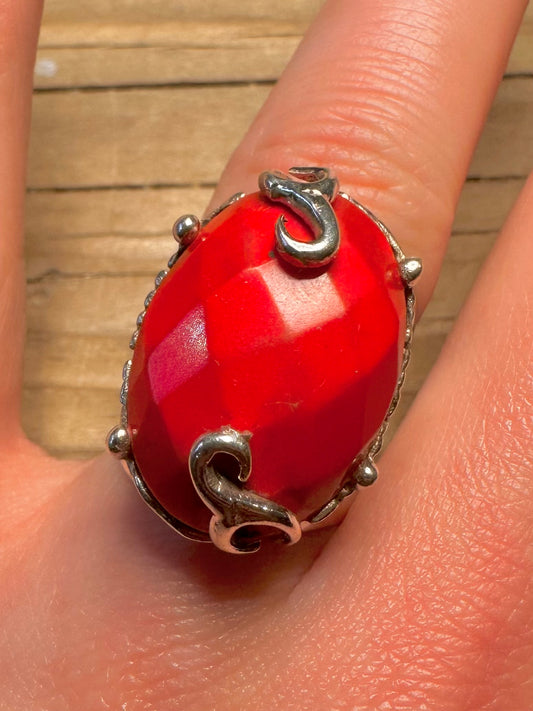 Vintage Faceted Red Stone Boho 925 Sterling Silver Size Q Ring