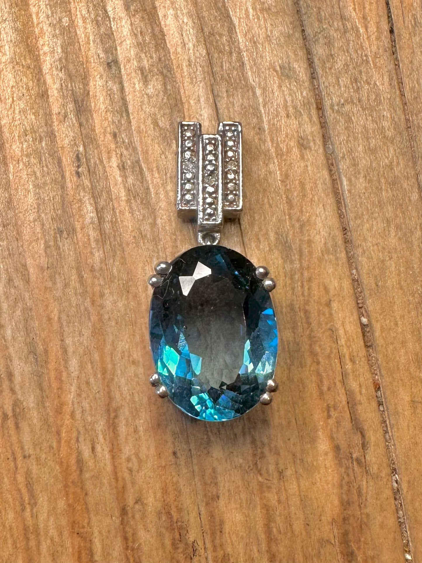 Vintage Blue Topaz and White CZ 925 Sterling Silver Pendant