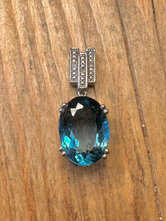 Vintage Blue Topaz and White CZ 925 Sterling Silver Pendant