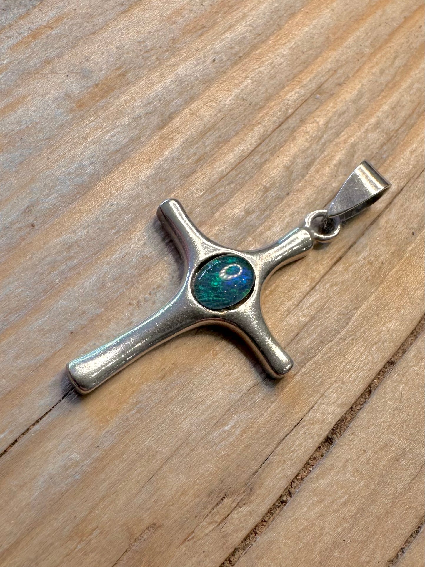 Abstract Blue Opal Cross 925 Silver Pendant