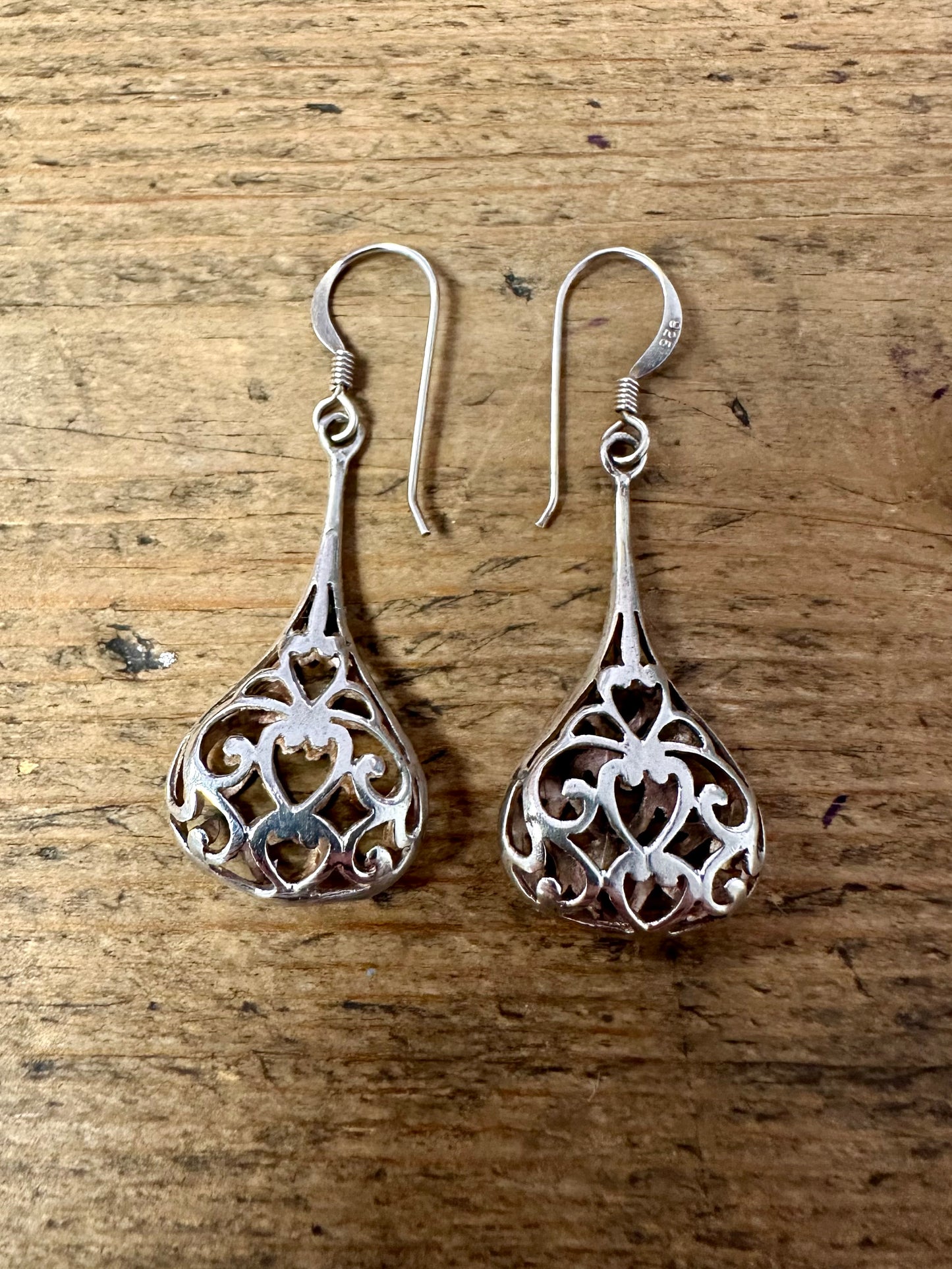 Vintage Filigree Tear Drop Dangle 925 Silver Earrings