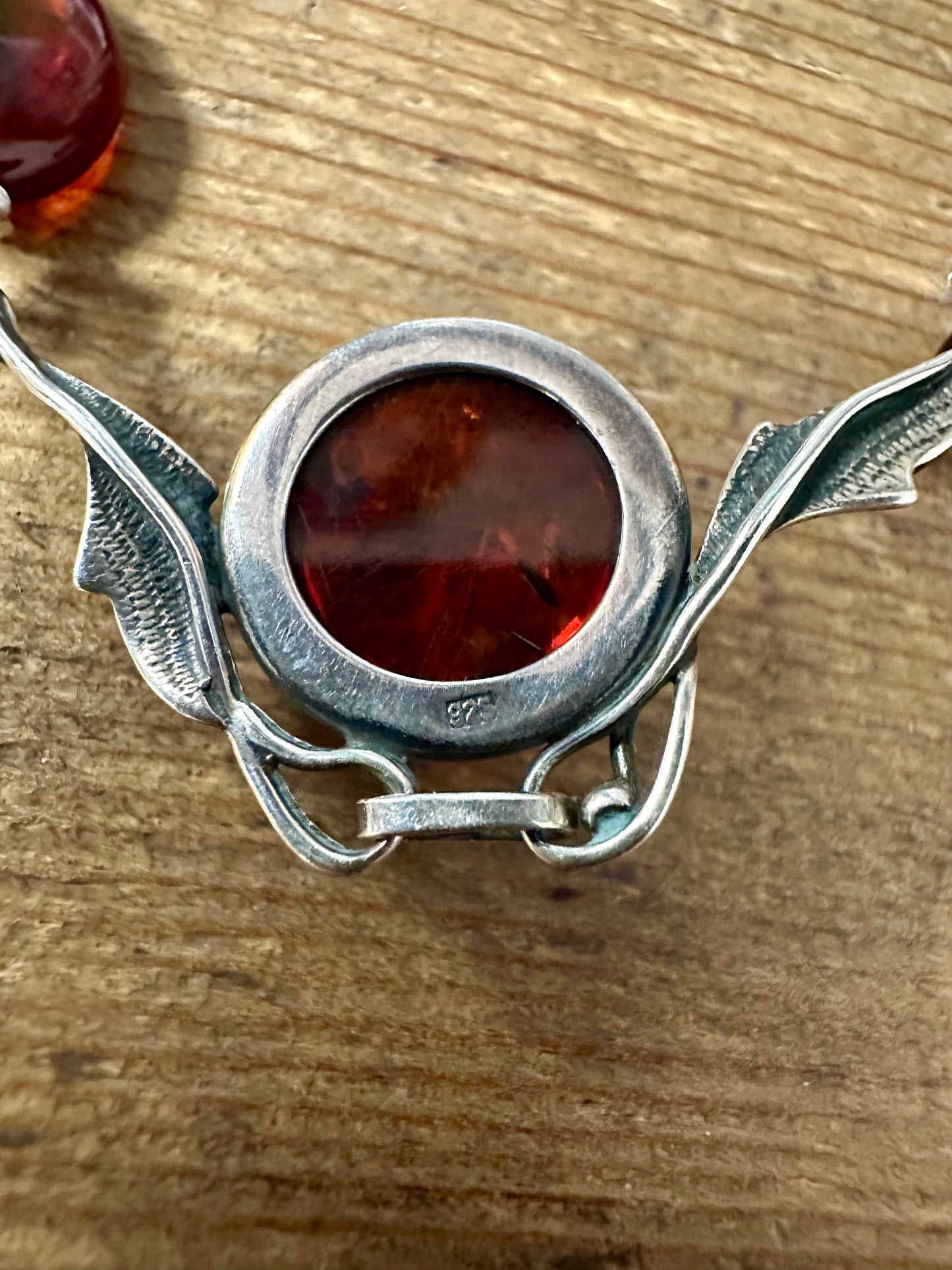 Vintage Amber and Leaf Design 925 Silver 19 inch Necklace