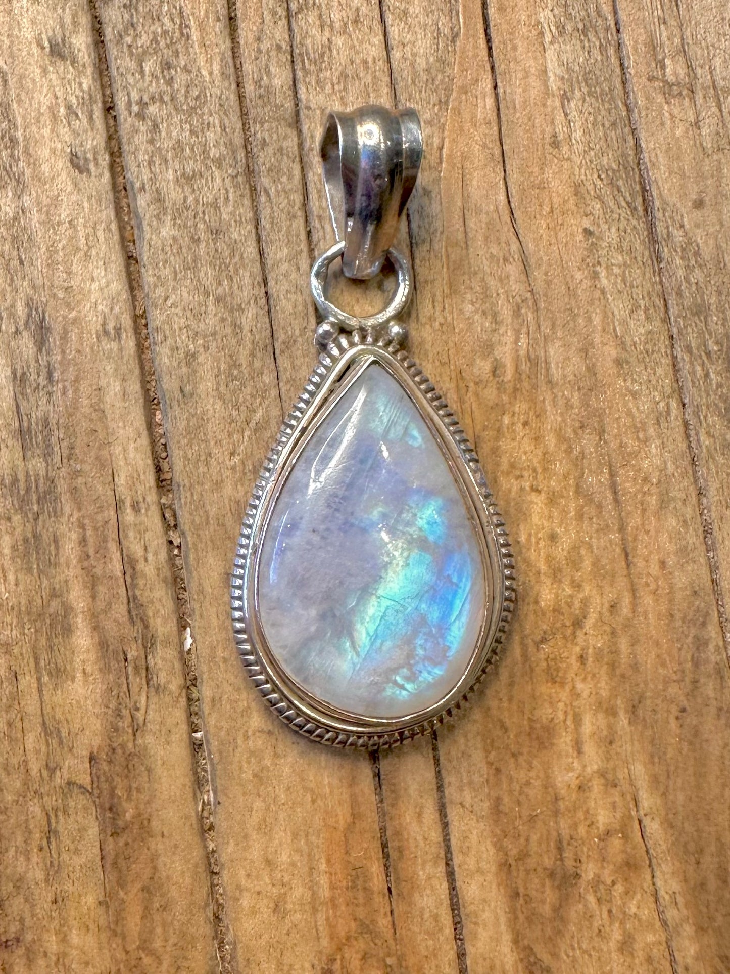 Moonstone Teardrop Rope Style Border 925 Sterling Silver Pendant