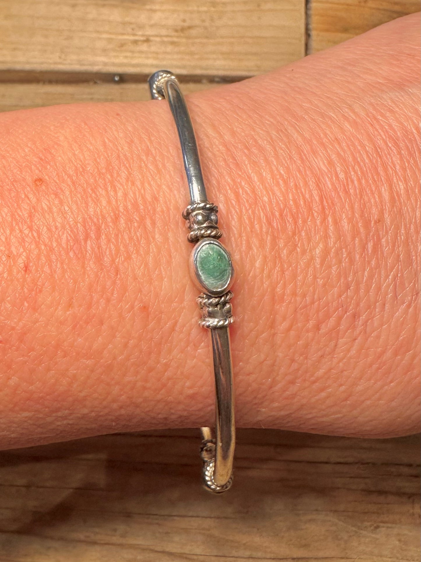Vintage Garnet and Malachite Tribal 925 Sterling Silver Bangle