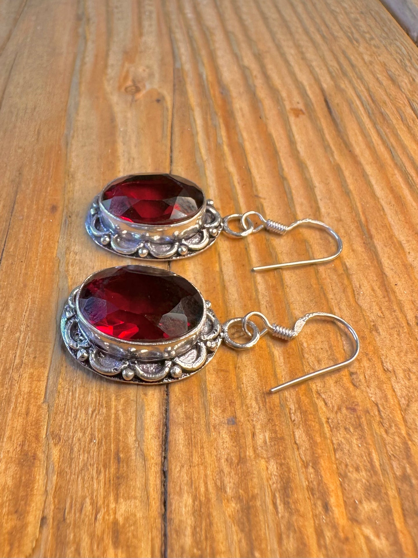 Large Faceted Red Stone Filigree Border 925 Sterling Silver Earrings