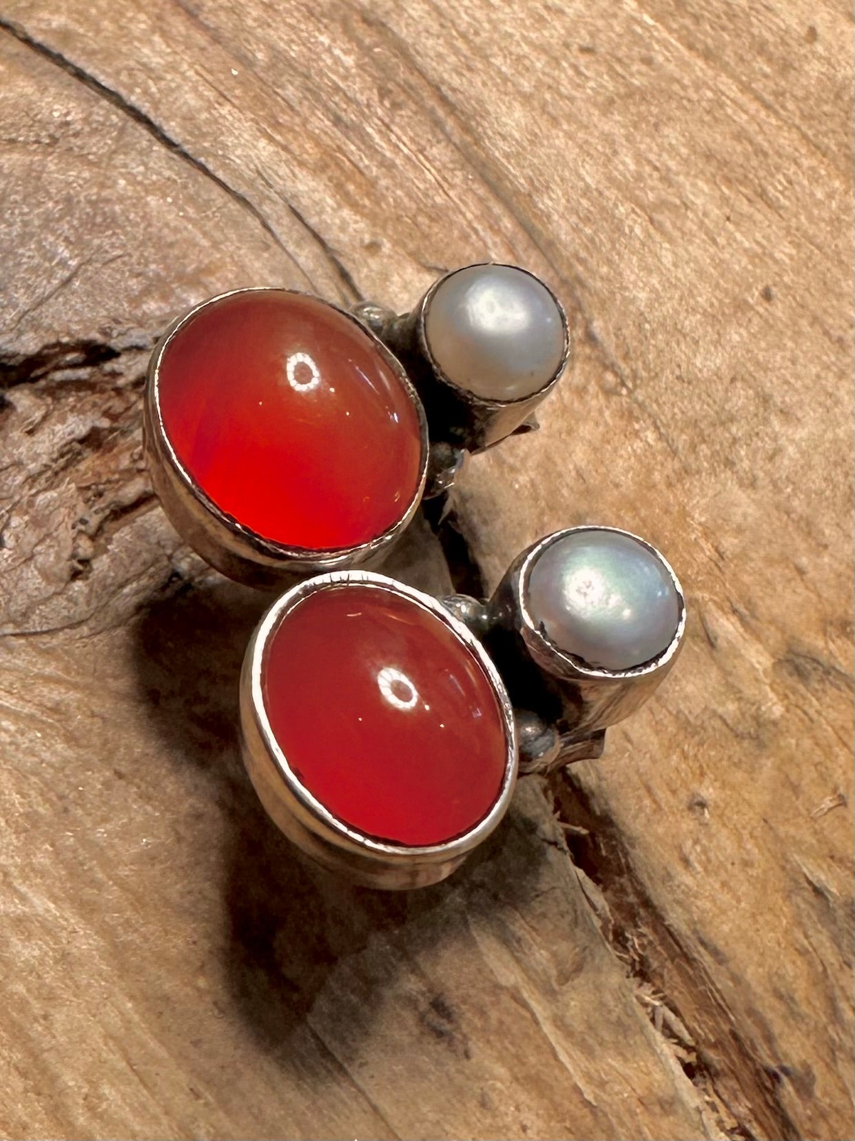 Vintage Pearl and Carnelian Stud 925 Silver Earrings