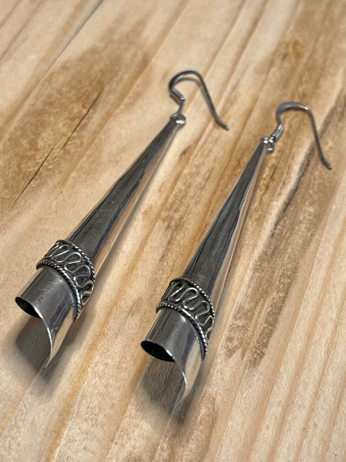 Elongated Cone Rope Pattern 925 Sterling Silver Drop Earrings