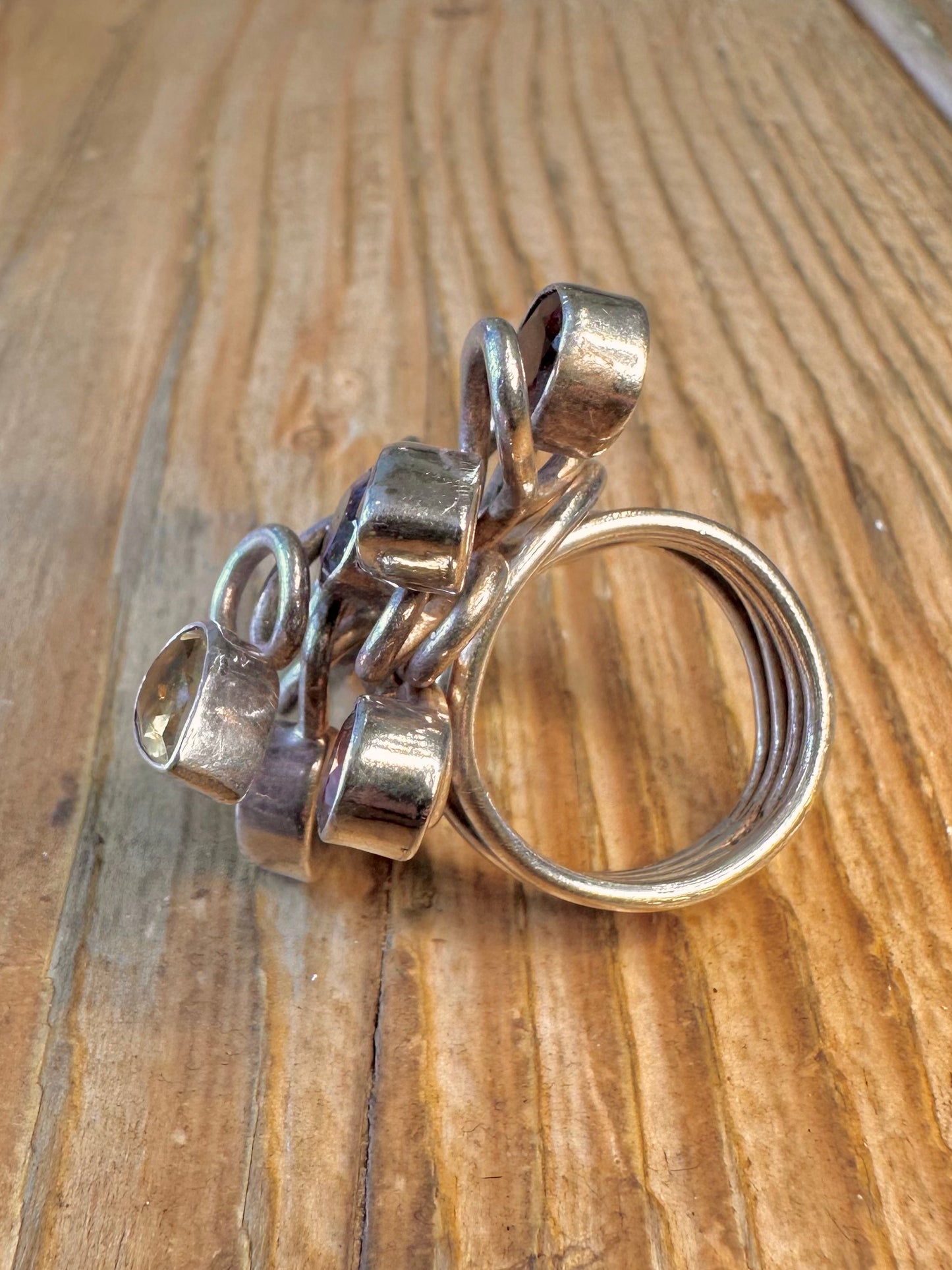 Multi Gemstone Wired Coil Design 925 Sterling Silver Size N Ring