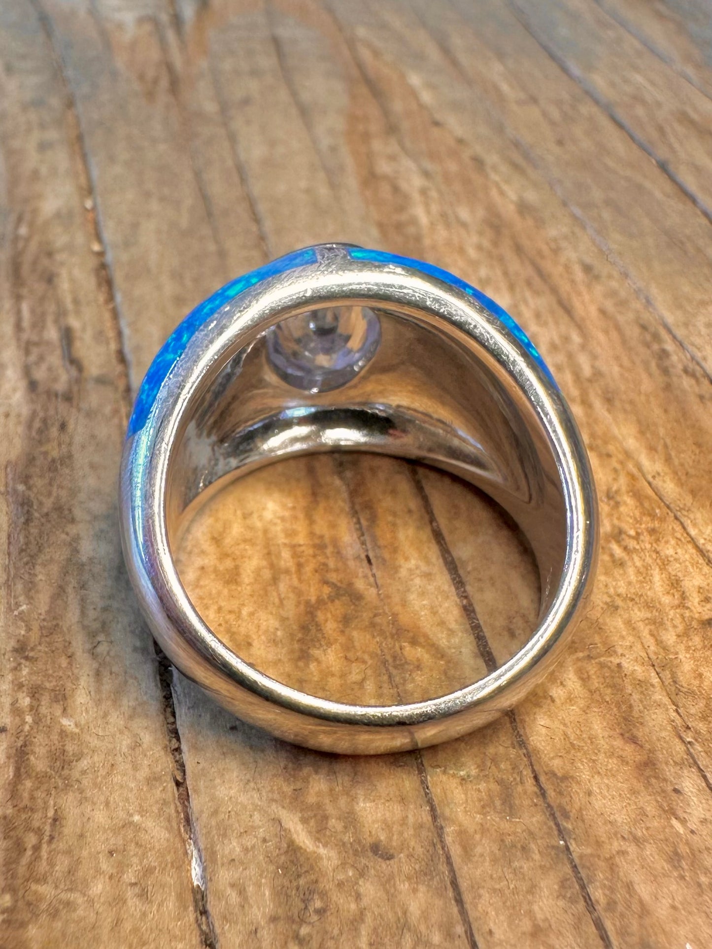 Modern Blue Opal Inlay White CZ Dome 925 Sterling Silver Size R Ring