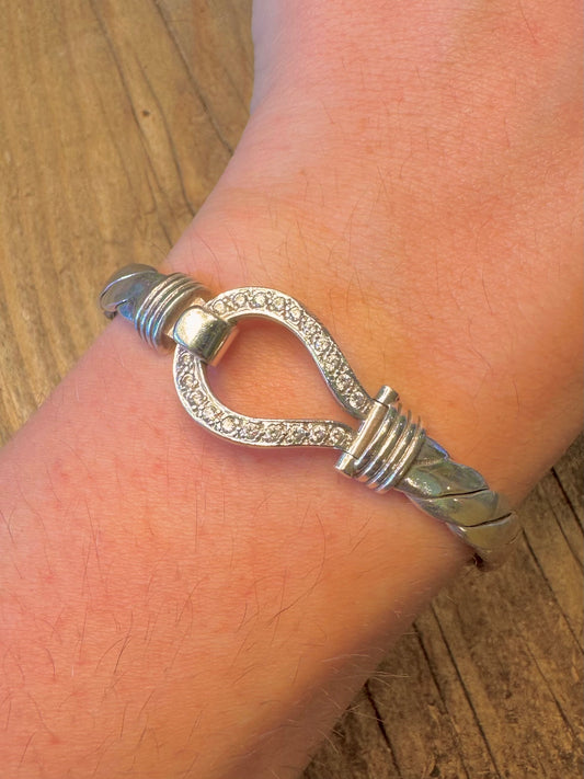 Horse Shoe White CZ Stones Hook Clasp 925 Sterling Silver Bangle