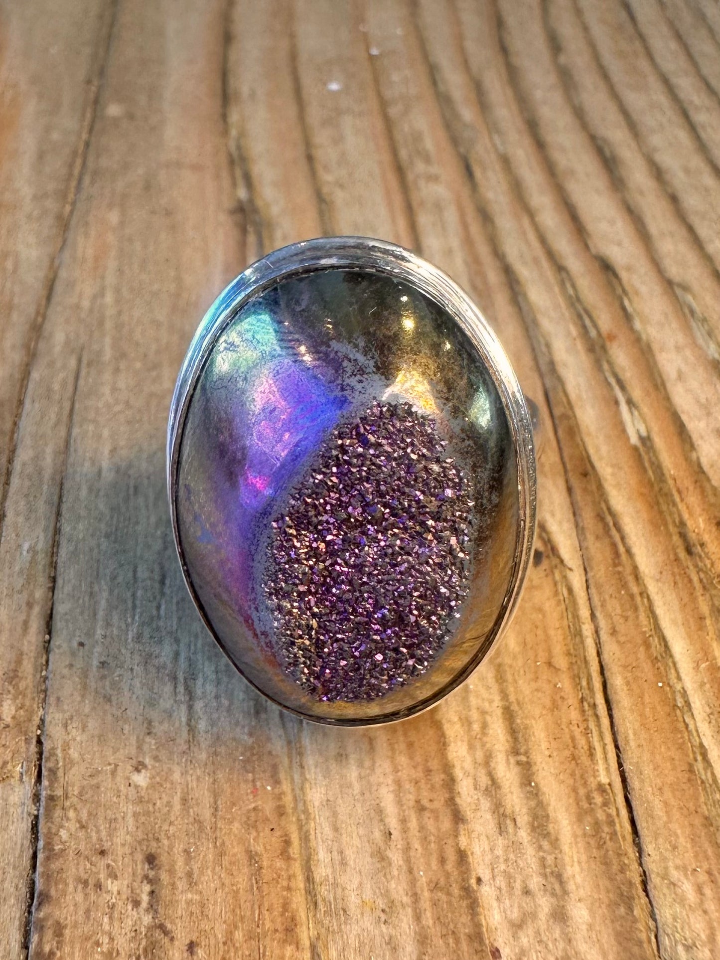 Large Oval Drusy Purple 925 Sterling Silver Size S Ring
