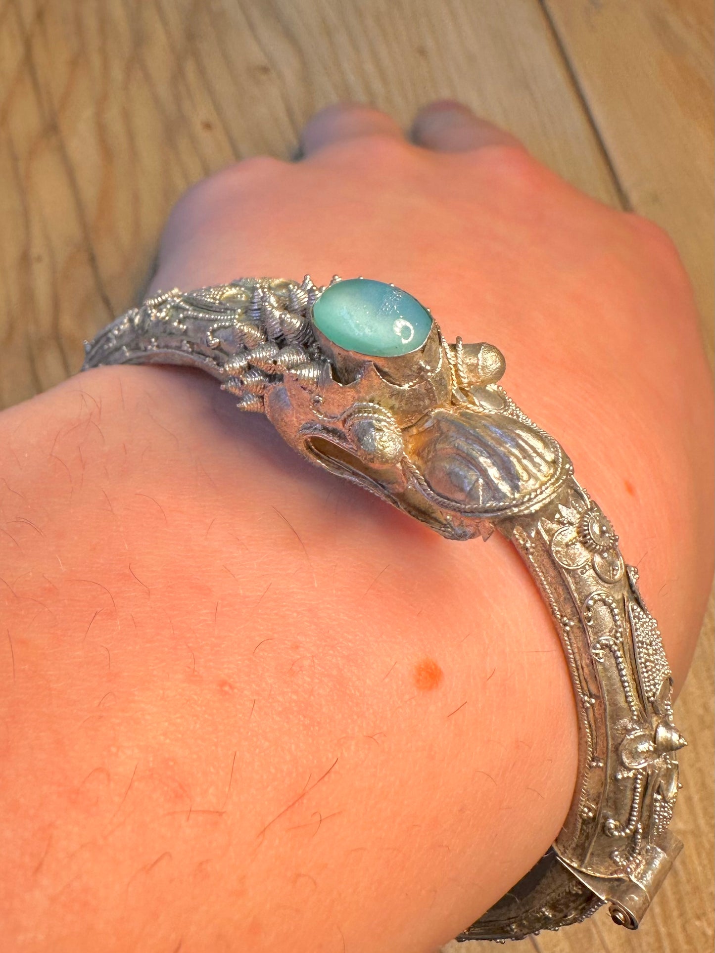 Vintage Dragon Filigree Blue Stone Nepalese Silver Hinged Bangle