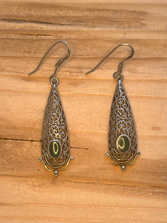 Ornate Filigree Green Stone Dangle 925 Sterling Silver Drop Earrings