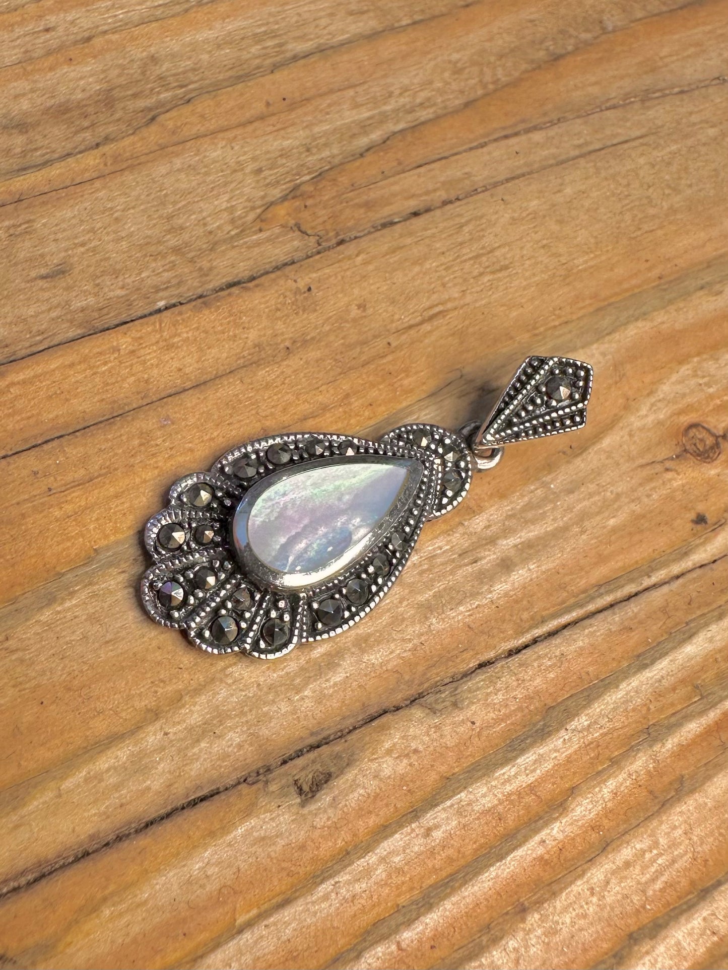 Art Deco Mother of Pearl and Marcasite 925 Sterling Silver Pendant