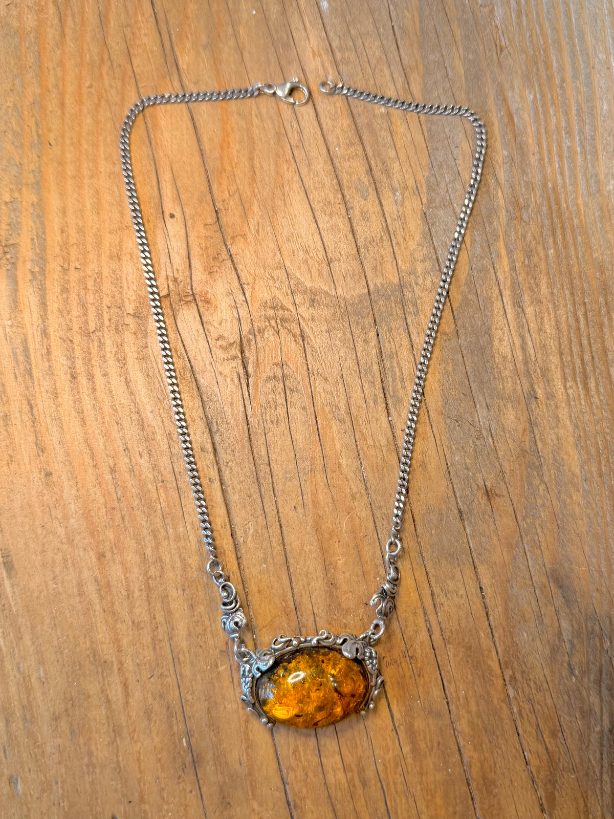Amber Ornate Floral Design Curb Chain 925 Sterling Silver 16.5 inch Necklace