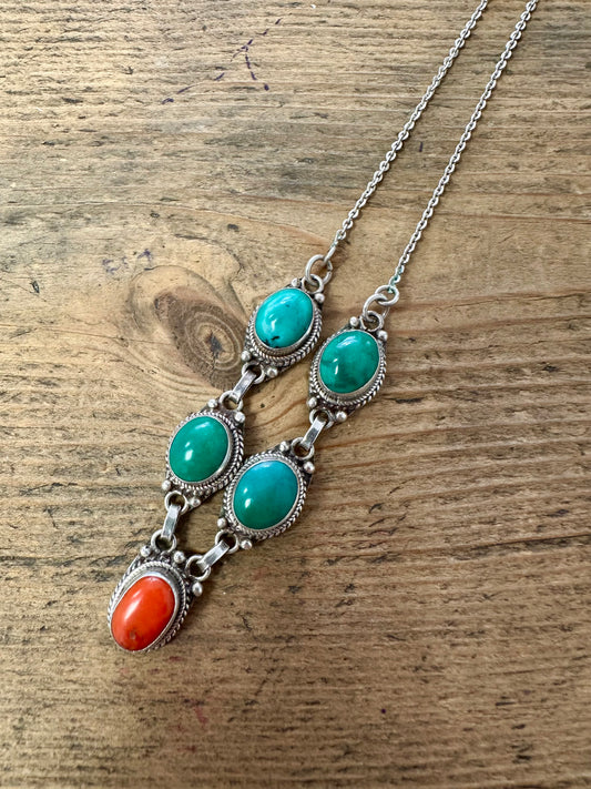 Vintage Coral and Turquoise Tribal 925 Silver 19 inch Necklace