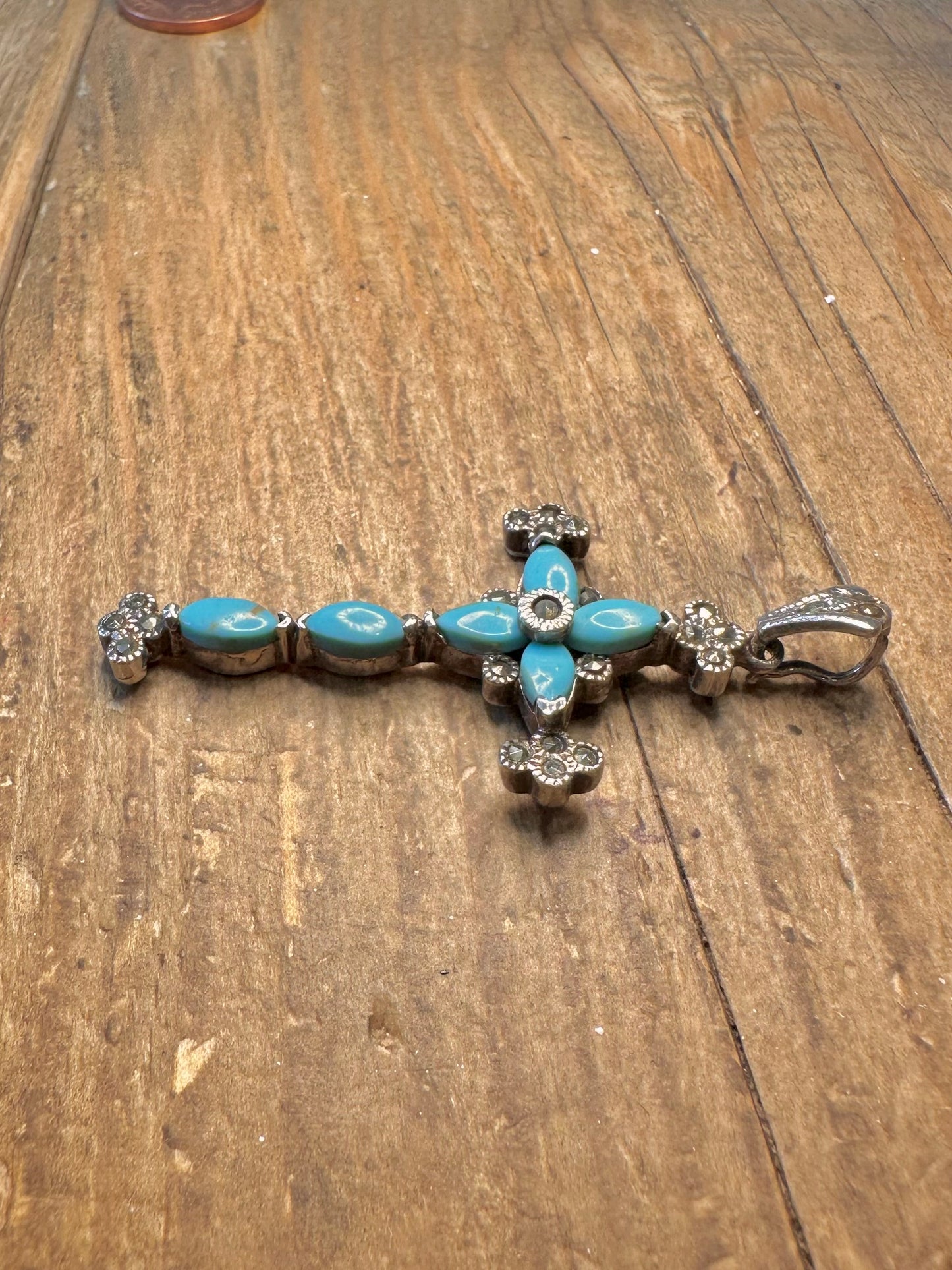 Turquoise Marcasite Cross 925 Sterling Silver Pendant