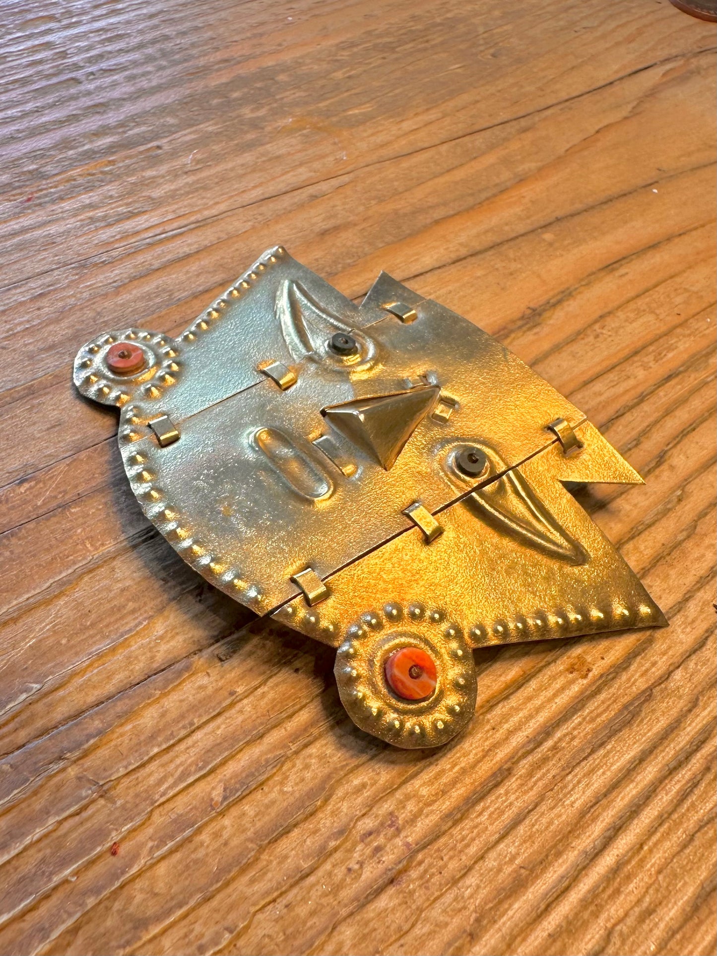 Peruvian Handmade Hinge Movement Sicán Lambeyeque Mask Coral Gold Toned 925 Sterling Silver Pendant And Brooch