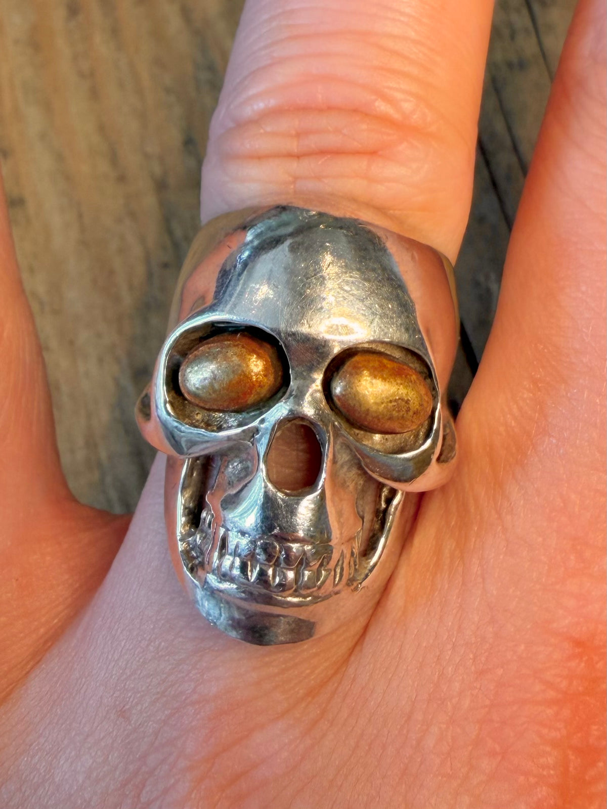 Large Skull Head with Golden Eyes 925 Sterling Silver Size P1/2 Ring