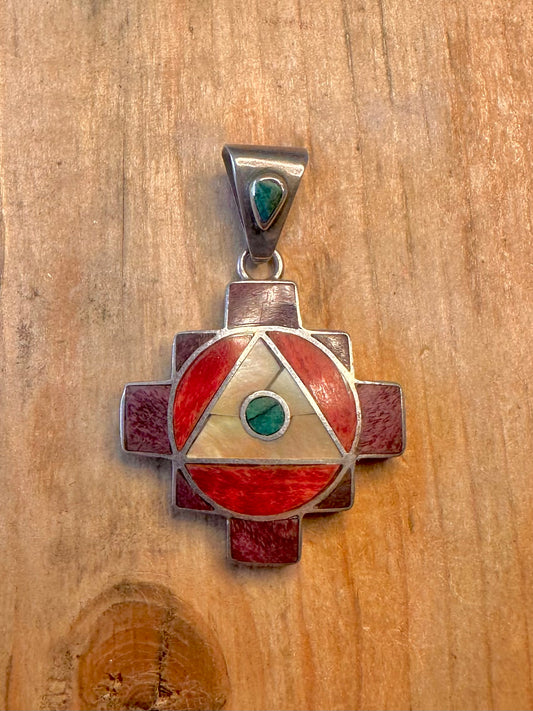 Peruvian Chakana Mother of Pearl Coral Turquoise 950 Silver Pendant