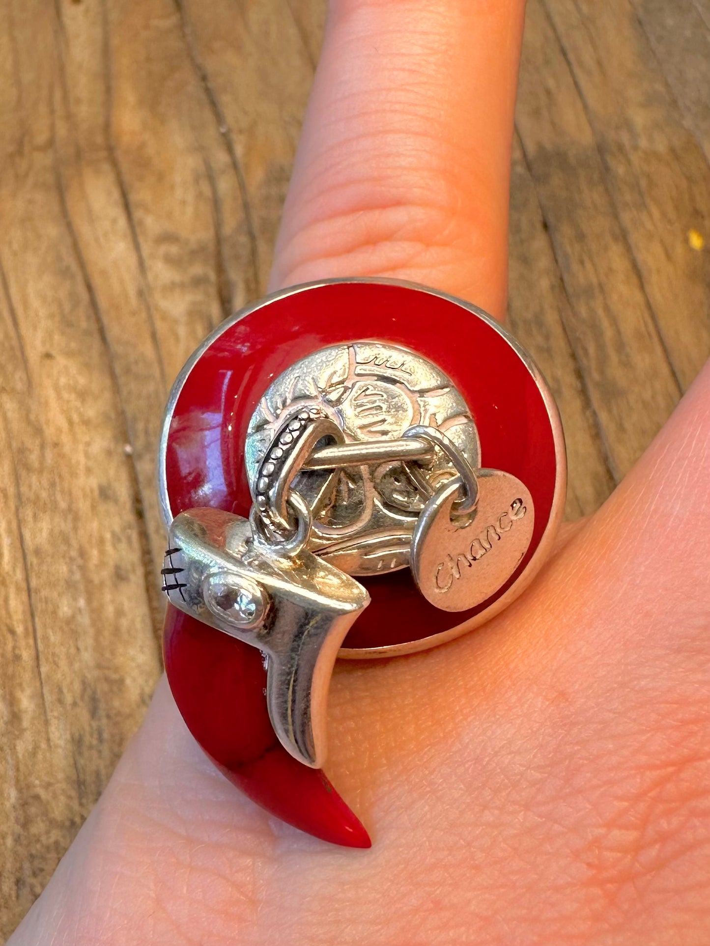 Chunky Red Horn Charm Ring 925 Sterling Silver Size O1/2 Ring
