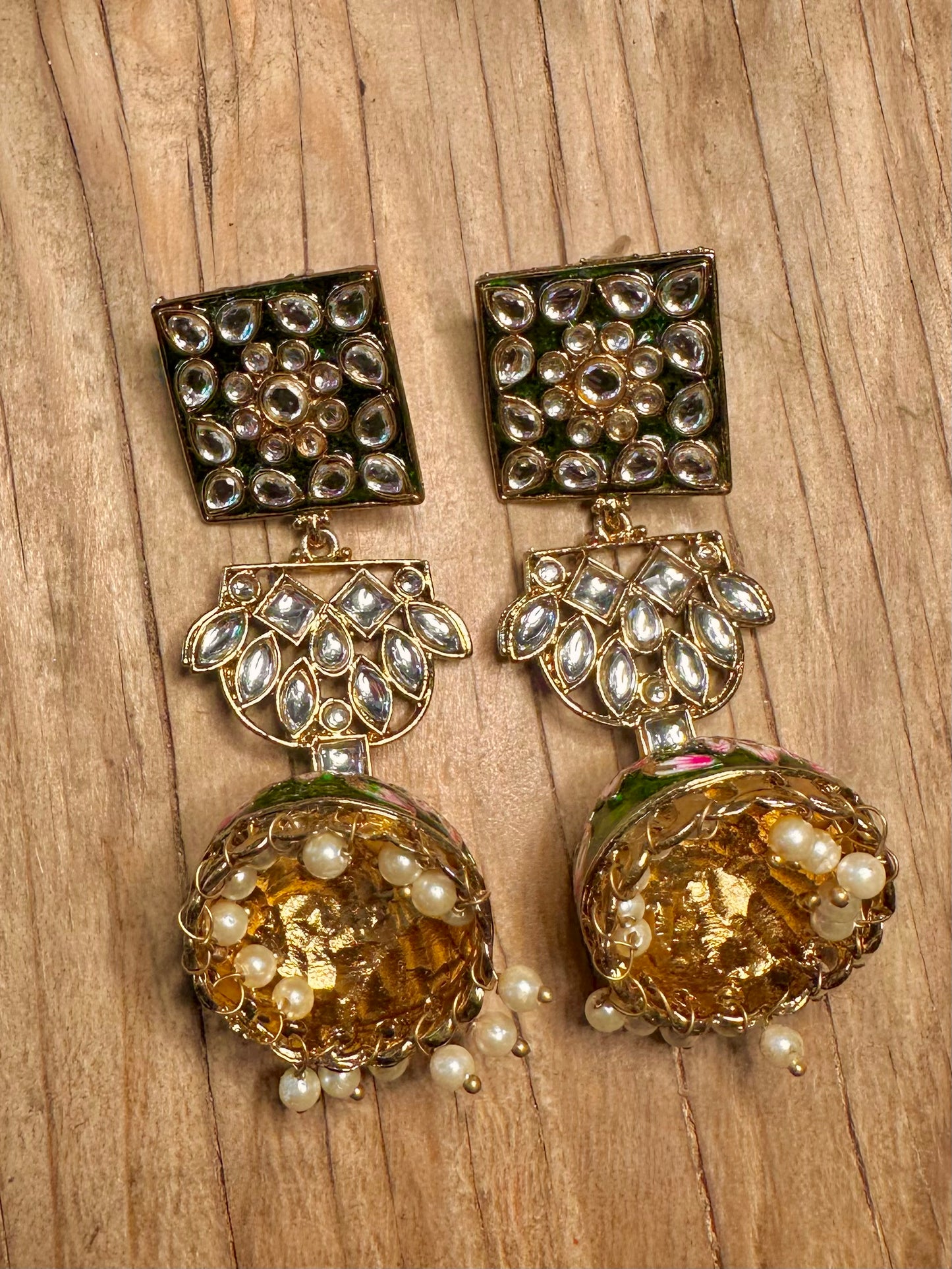 Vintage Enamel Flowers Large Dangle Gold Tone Costume Earrings