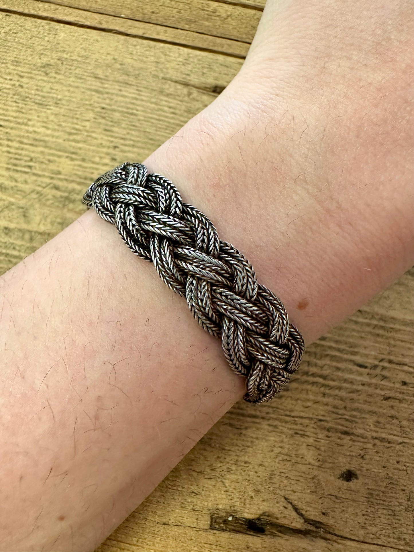 Vintage Rope Woven Bar Clasp 925 Silver 7.4 inch Bracelet