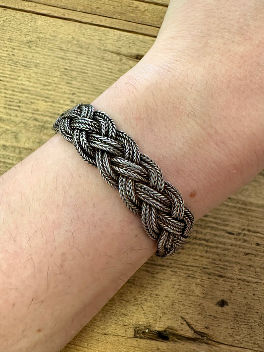 Vintage Rope Woven Bar Clasp 925 Silver 7.4 inch Bracelet