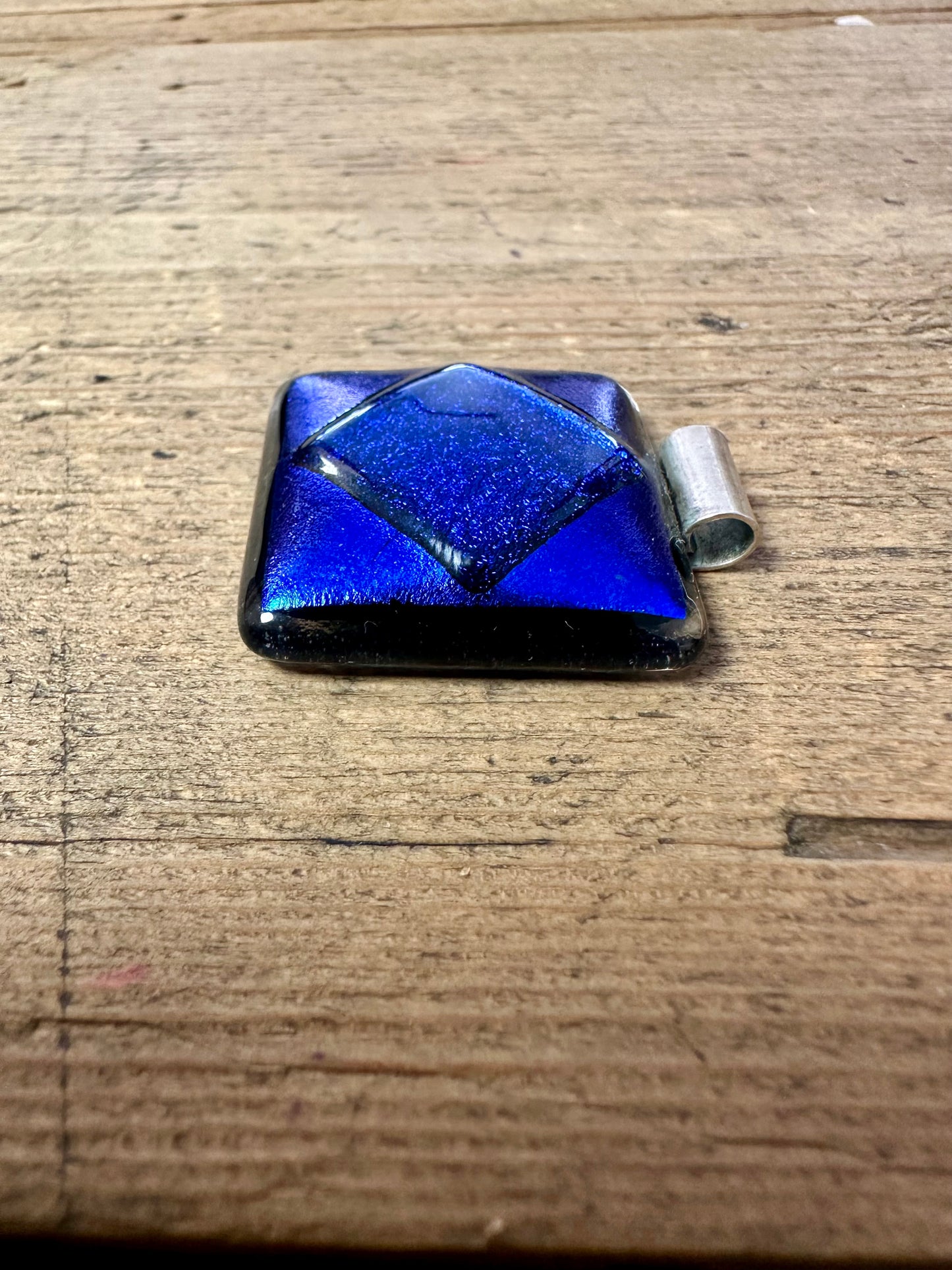 Vintage Glass Blue Square 925 Silver Pendant