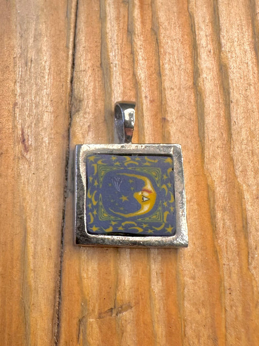 Celestial Square Painted Moon Silver Pendant