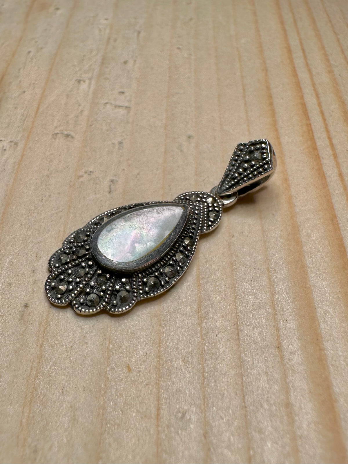 Marcasite & Mother of Pearl Teardrop 925 Sterling Silver Pendant